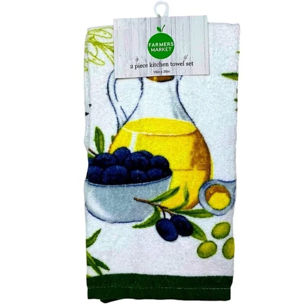 Farmers Market Cotton Towels Mediterranean Olive Theme Green Yellow 2 Pieces
